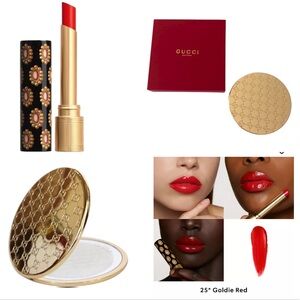 Gucci Rouge de Beauté Brillant Glow Lipstick & Gucci Gold GG Monogram Mirror NIB